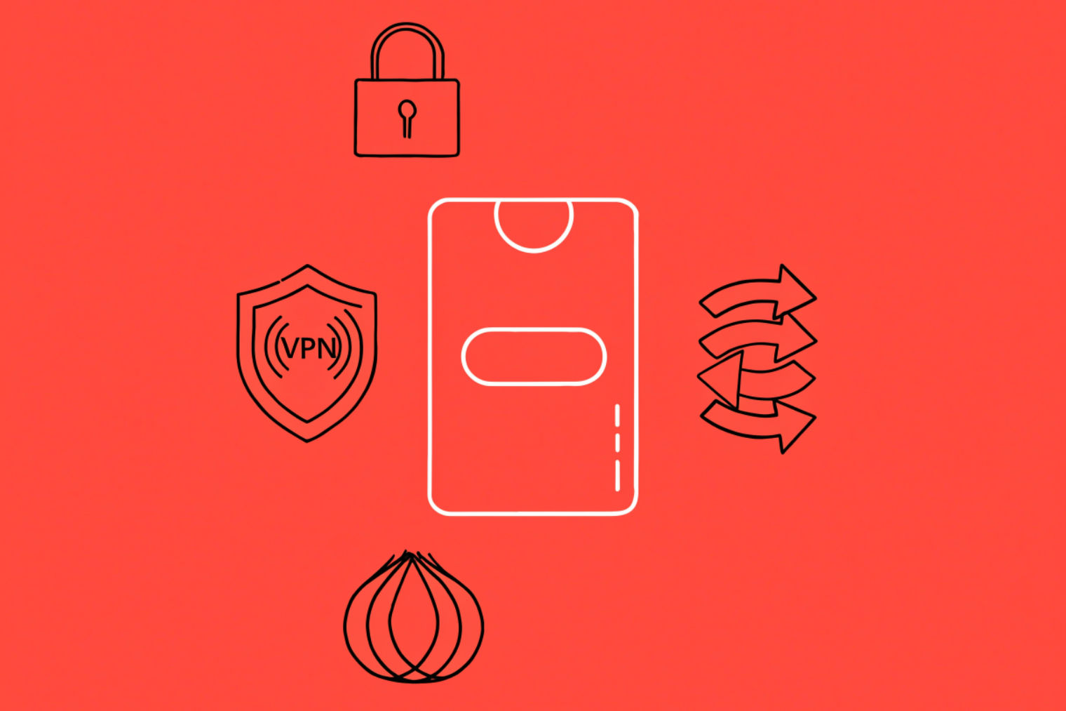 A hardware wallet with symbols of privacy tools around it.